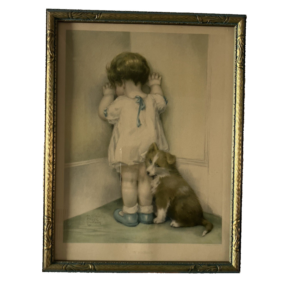 Vintage Bessie Pease Gutmann In Disgrace Print Framed Nursery Wall Girl Puppy
